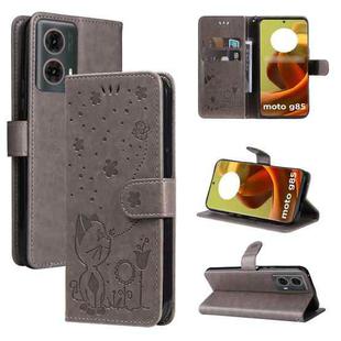 For Motorola Moto G85 Cat and Bee Embossed Flip Leather Phone Case(Grey)
