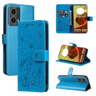 For Motorola Moto G85 Cat and Bee Embossed Flip Leather Phone Case(Blue)