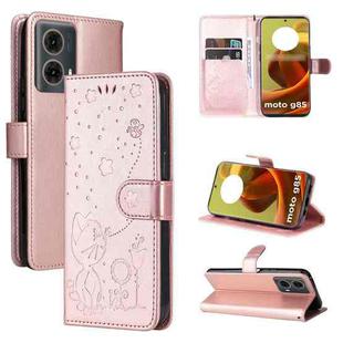 For Motorola Moto G85 Cat and Bee Embossed Flip Leather Phone Case(Rose Gold)