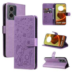 For Motorola Moto G85 Cat and Bee Embossed Flip Leather Phone Case(Purple)