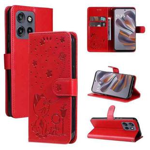 For Motorola Edge 50 Neo Cat and Bee Embossed Flip Leather Phone Case(Red)