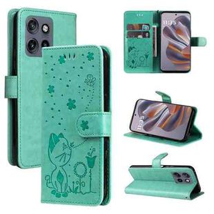 For Motorola Edge 50 Neo Cat and Bee Embossed Flip Leather Phone Case(Green)