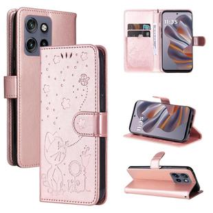 For Motorola Edge 50 Neo Cat and Bee Embossed Flip Leather Phone Case(Rose Gold)