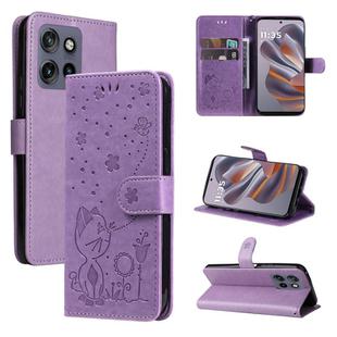 For Motorola Edge 50 Neo Cat and Bee Embossed Flip Leather Phone Case(Purple)