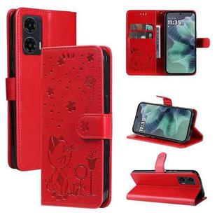 For Motorola Moto G35 Cat and Bee Embossed Flip Leather Phone Case(Red)