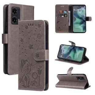 For Motorola Moto G35 Cat and Bee Embossed Flip Leather Phone Case(Grey)