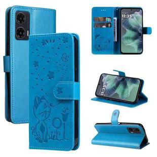 For Motorola Moto G35 Cat and Bee Embossed Flip Leather Phone Case(Blue)