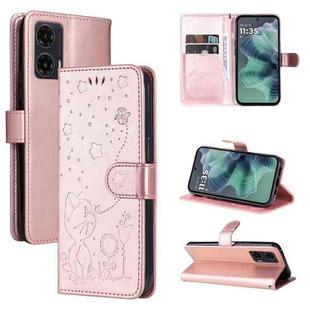 For Motorola Moto G35 Cat and Bee Embossed Flip Leather Phone Case(Rose Gold)