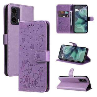 For Motorola Moto G35 Cat and Bee Embossed Flip Leather Phone Case(Purple)