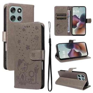 For Motorola Moto G56 5G Cat and Bee Embossed Flip Leather Phone Case(Grey)