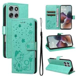For Motorola Moto G56 5G Cat and Bee Embossed Flip Leather Phone Case(Green)