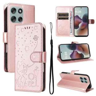 For Motorola Moto G56 5G Cat and Bee Embossed Flip Leather Phone Case(Rose Gold)