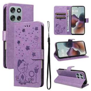 For Motorola Moto G56 5G Cat and Bee Embossed Flip Leather Phone Case(Purple)