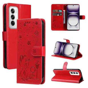 For OPPO Reno12 5G Global Cat and Bee Embossed Flip Leather Phone Case(Red)