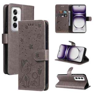 For OPPO Reno12 5G Global Cat and Bee Embossed Flip Leather Phone Case(Grey)