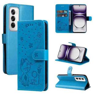 For OPPO Reno12 5G Global Cat and Bee Embossed Flip Leather Phone Case(Blue)