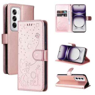 For OPPO Reno12 5G Global Cat and Bee Embossed Flip Leather Phone Case(Rose Gold)