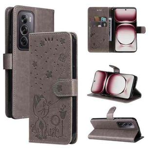 For OPPO Reno12 Pro 5G Global Cat and Bee Embossed Flip Leather Phone Case(Grey)