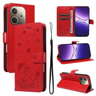 For OPPO A5 Pro 5G Global Cat and Bee Embossed Flip Leather Phone Case(Red)