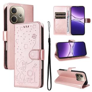 For OPPO A5 Pro 5G Global Cat and Bee Embossed Flip Leather Phone Case(Rose Gold)