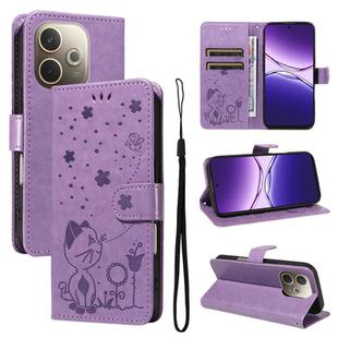 For OPPO A5 Pro 5G Global Cat and Bee Embossed Flip Leather Phone Case(Purple)