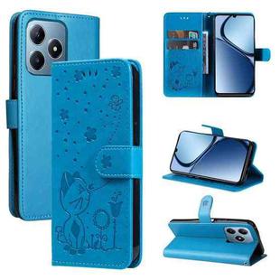 For Realme C63 / C61 Global Cat and Bee Embossed Flip Leather Phone Case(Blue)