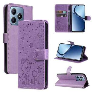 For Realme C63 / C61 Global Cat and Bee Embossed Flip Leather Phone Case(Purple)