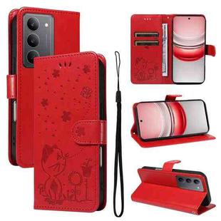 For Realme 14x 5G Global Cat and Bee Embossed Flip Leather Phone Case(Red)
