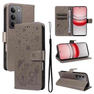 For Realme 14x 5G Global Cat and Bee Embossed Flip Leather Phone Case(Grey)