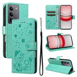 For Realme 14x 5G Global Cat and Bee Embossed Flip Leather Phone Case(Green)