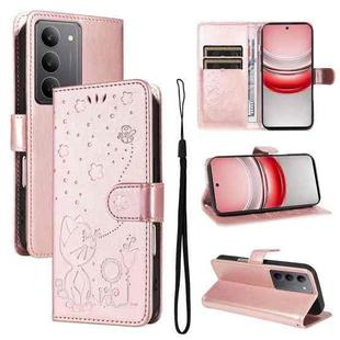 For Realme 14x 5G Global Cat and Bee Embossed Flip Leather Phone Case(Rose Gold)