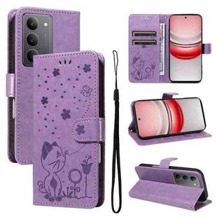 For Realme 14x 5G Global Cat and Bee Embossed Flip Leather Phone Case(Purple)