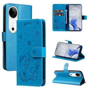 For vivo V40 5G Cat and Bee Embossed Flip Leather Phone Case(Blue)