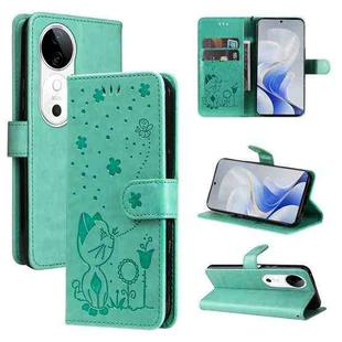 For vivo V40 5G Cat and Bee Embossed Flip Leather Phone Case(Green)