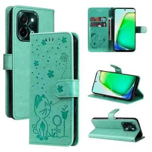 For vivo Y28 4G Cat and Bee Embossed Flip Leather Phone Case(Green)