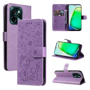 For vivo Y28 4G Cat and Bee Embossed Flip Leather Phone Case(Purple)