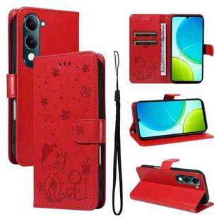 For vivo Y29S 5G / Y04 Cat and Bee Embossed Flip Leather Phone Case(Red)