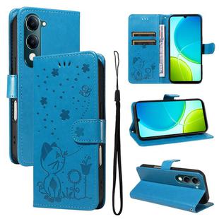 For vivo Y29S 5G / Y04 Cat and Bee Embossed Flip Leather Phone Case(Blue)