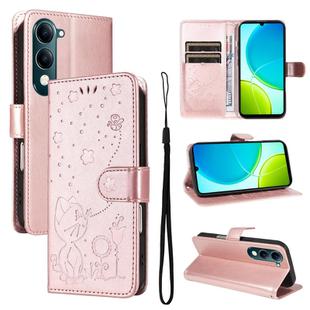 For vivo Y29S 5G / Y04 Cat and Bee Embossed Flip Leather Phone Case(Rose Gold)