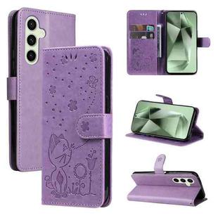 For Samsung Galaxy S24 FE 5G Cat and Bee Embossed Flip Leather Phone Case(Purple)