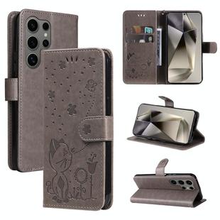 For Samsung Galaxy S25 Ultra 5G Cat and Bee Embossed Flip Leather Phone Case(Grey)