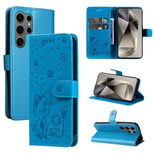 For Samsung Galaxy S25 Ultra 5G Cat and Bee Embossed Flip Leather Phone Case(Blue)