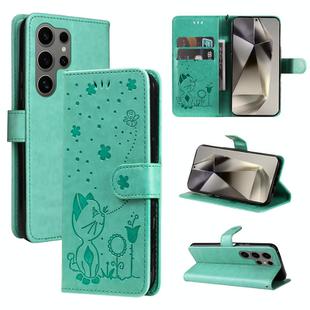 For Samsung Galaxy S25 Ultra 5G Cat and Bee Embossed Flip Leather Phone Case(Green)