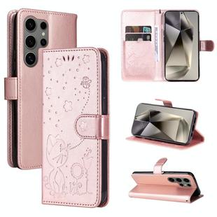 For Samsung Galaxy S25 Ultra 5G Cat and Bee Embossed Flip Leather Phone Case(Rose Gold)