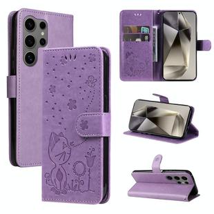 For Samsung Galaxy S25 Ultra 5G Cat and Bee Embossed Flip Leather Phone Case(Purple)