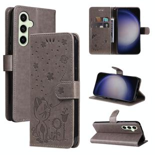 For Samsung Galaxy S25+ / S24+ 5G Cat and Bee Embossed Flip Leather Phone Case(Grey)