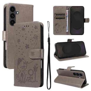 For Samsung Galaxy S25 FE 5G Cat and Bee Embossed Flip Leather Phone Case(Grey)