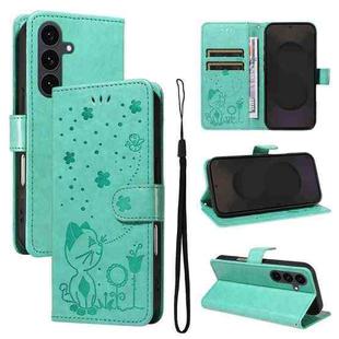 For Samsung Galaxy S25 FE 5G Cat and Bee Embossed Flip Leather Phone Case(Green)