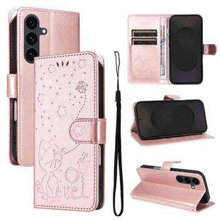 For Samsung Galaxy S25 FE 5G Cat and Bee Embossed Flip Leather Phone Case(Rose Gold)