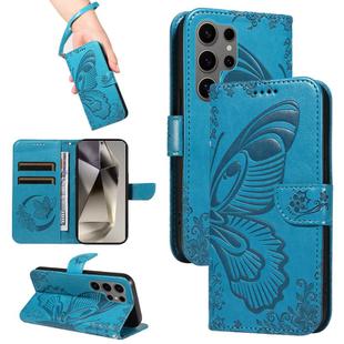For Samsung Galaxy S25 Ultra 5G Swallowtail Butterfly Embossed Leather Phone Case(Blue)